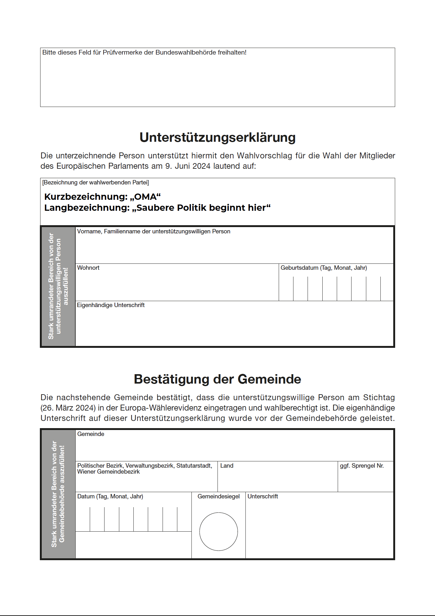 Abbildung des Formulars zur Unterstützung der wahlwerbenden Liste OMA